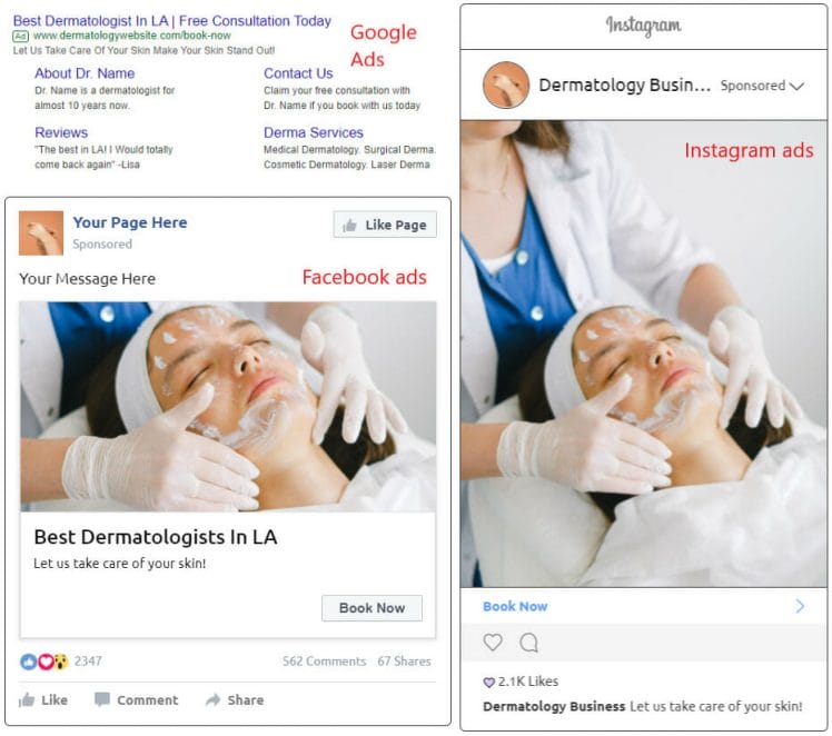 preview of google, facebook, and instagram ads