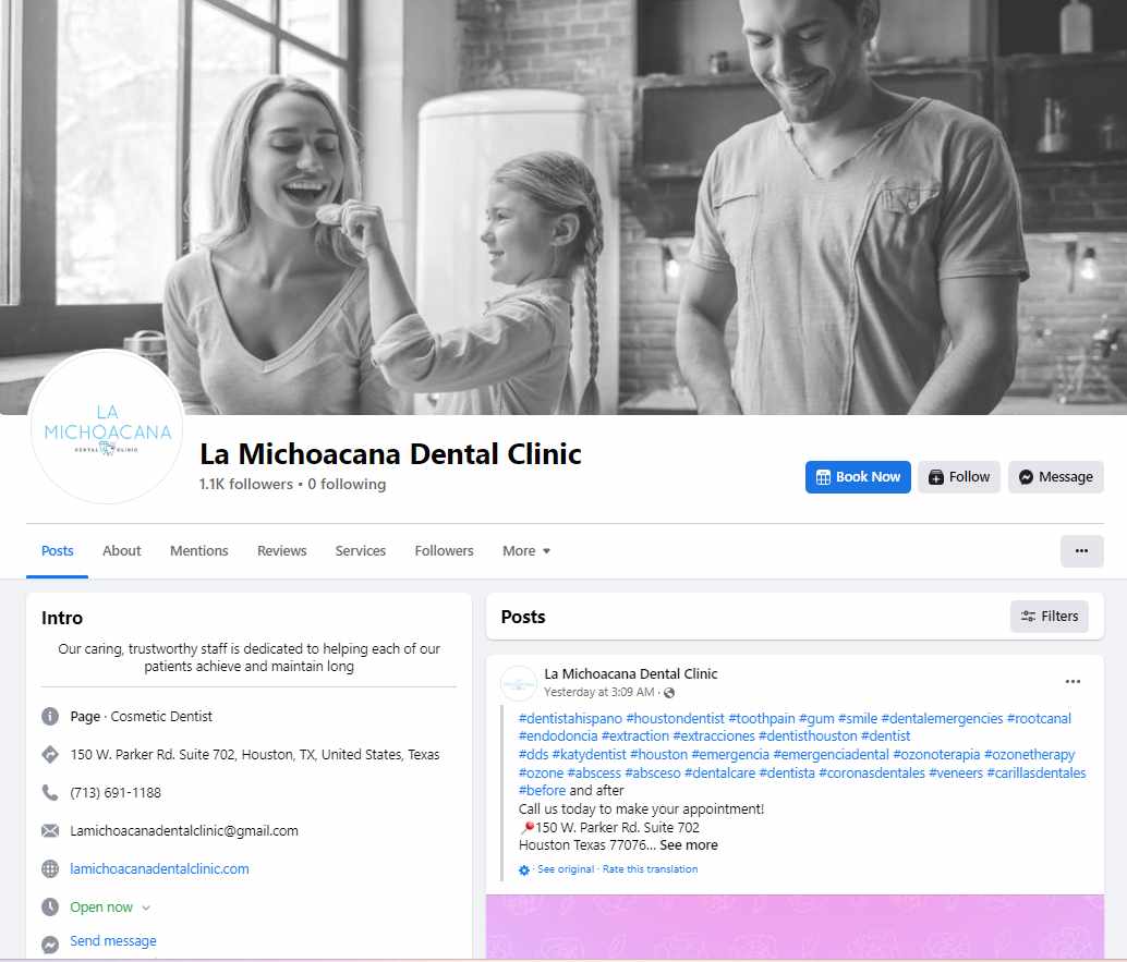 Facebook page of a dental clinic