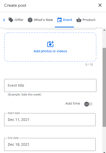 Creating a Google post for an event