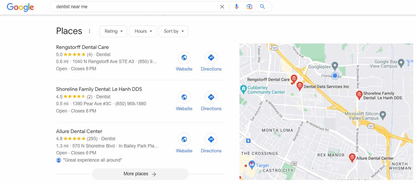 Business listings for dentists in Mountain View, CA