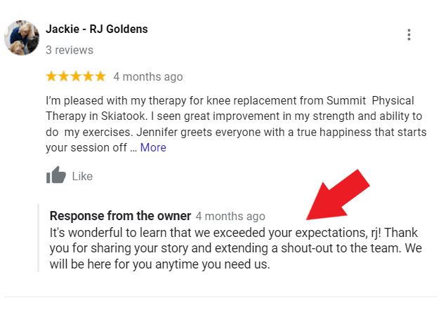 Physical therapy clinic owner responding to a customer review on Google My Business