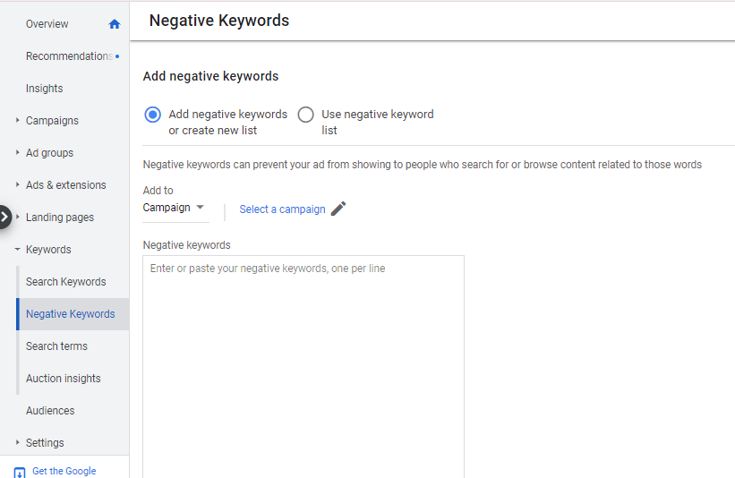 Select or create a list for the negative keywords that you got from the search term list.