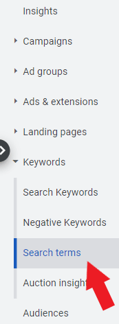 Arrow pointing to "search terms" under keywords section