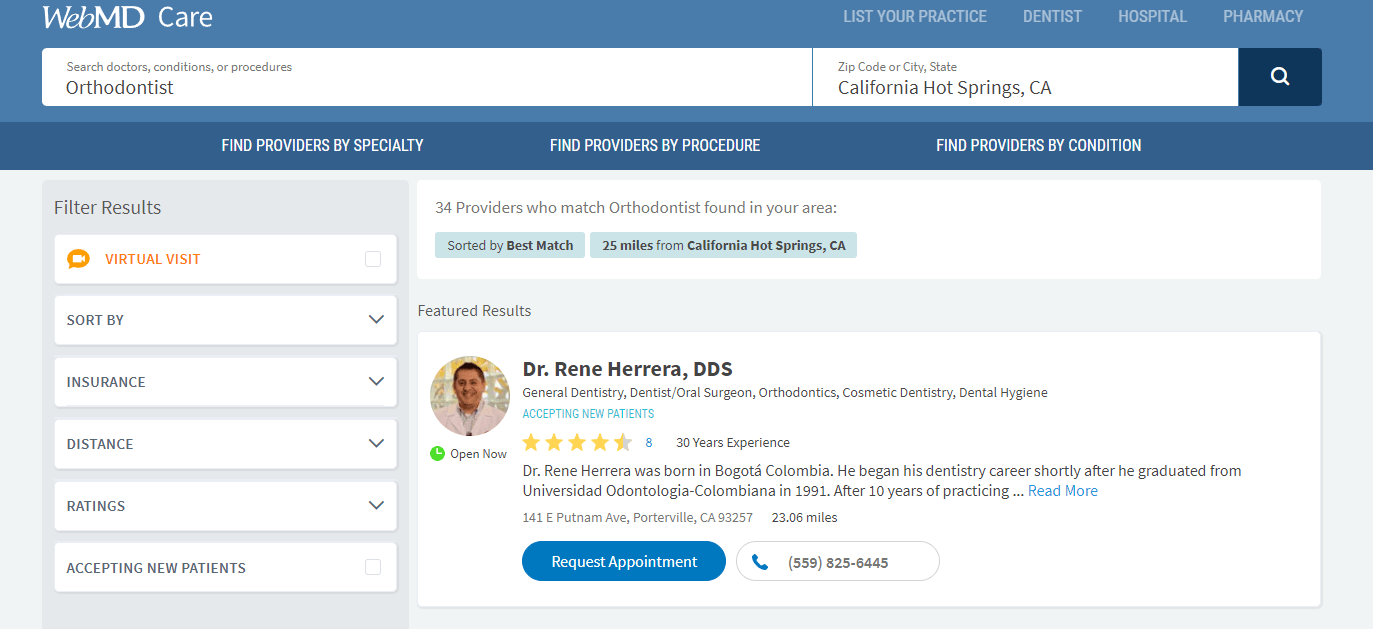 WebMD list of orthodontists