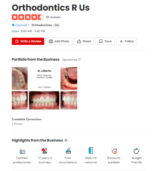 Yelp profile of an orthodontic clinic