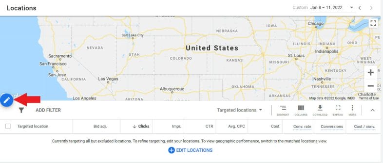 click the edit icon to create new location targeting