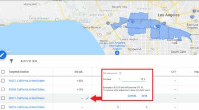 you can adjust the bidding on each postal code