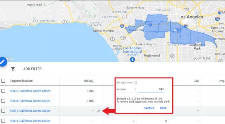 you can adjust the bidding on each postal code