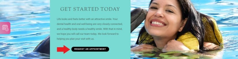 Image of a dental website uses "request an appointment" call to action button along with an image of a girl smiling beside a dolphin 
