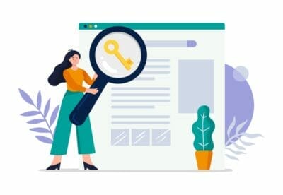 Clipart of a girl doing a competitive keyword analysis for dental cinics