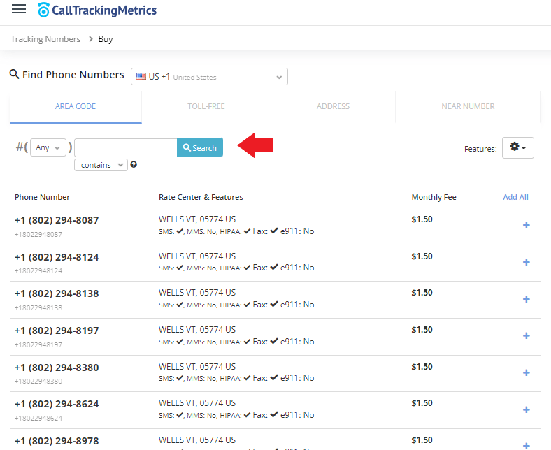 Searching for numbers in CallTrackingMetrics based on an area code