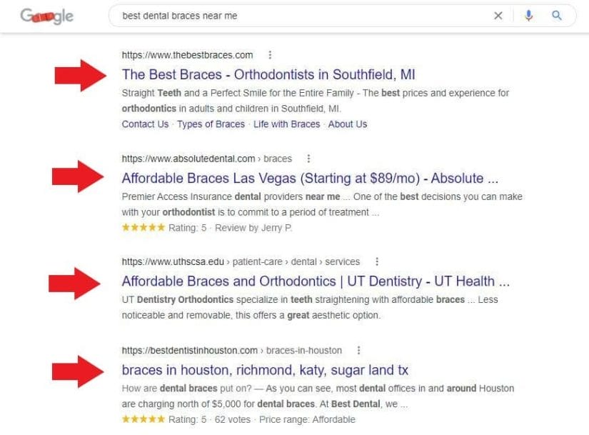 Sample of meta tags for dental clinics in the form of title tags based on Search Engine Results Page