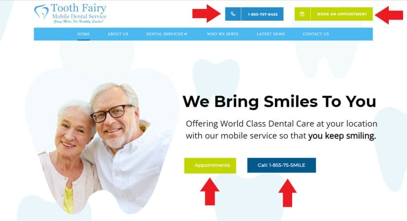 An example of a dental website that uses call to action buttons