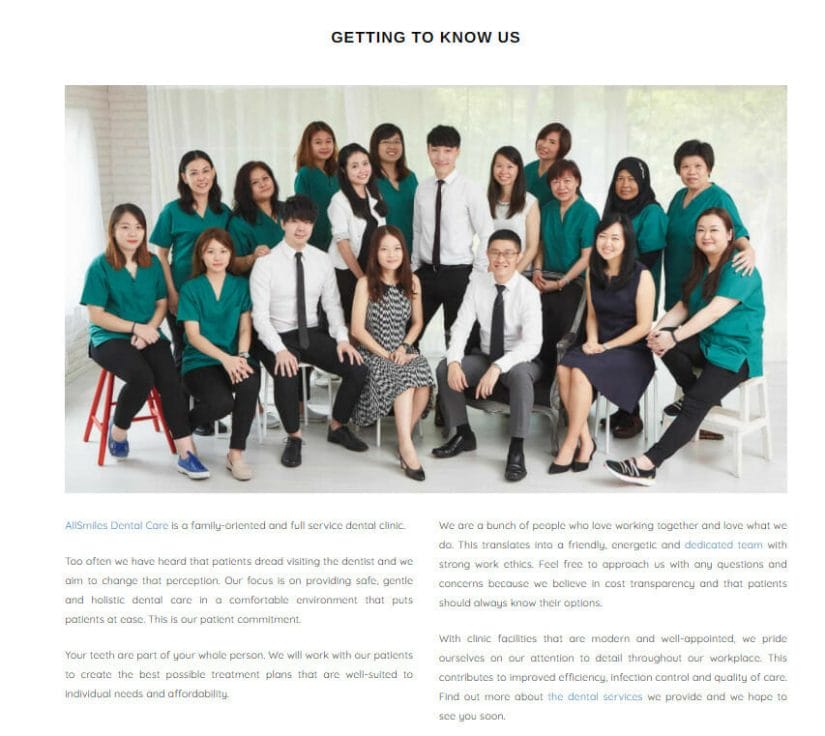 Example of a dental clinic's "About Us" page