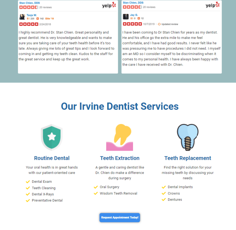 Online reviews of a dental clinic via Yelp along with the services offered by the clinic