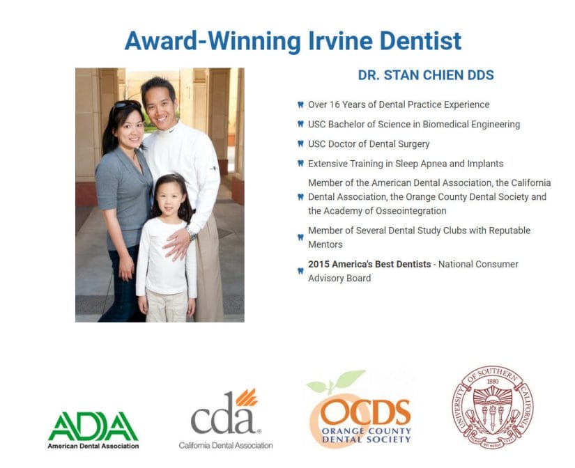 A short background about the dentist along with trust badges