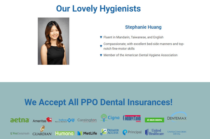 A brief background about the dental clinic's hygienist along with a list of accepted dental insurances
