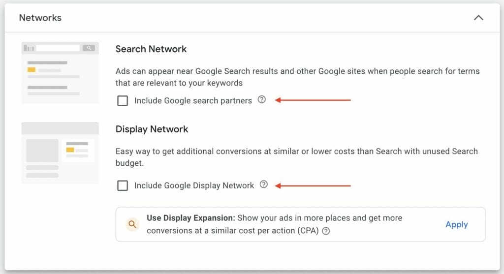 disabled network settings for ppc search campaign