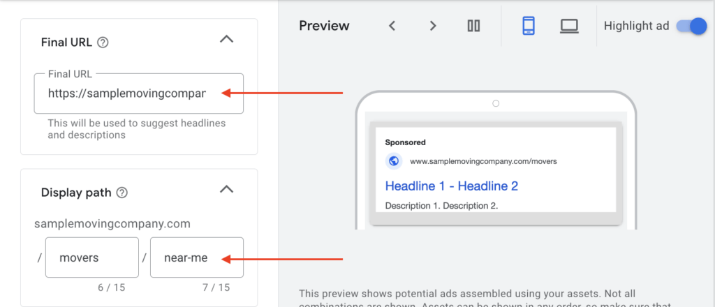 final url and display path for ppc campaign for movers