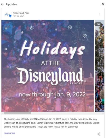 Sample of a Google post about an event in Disneyland