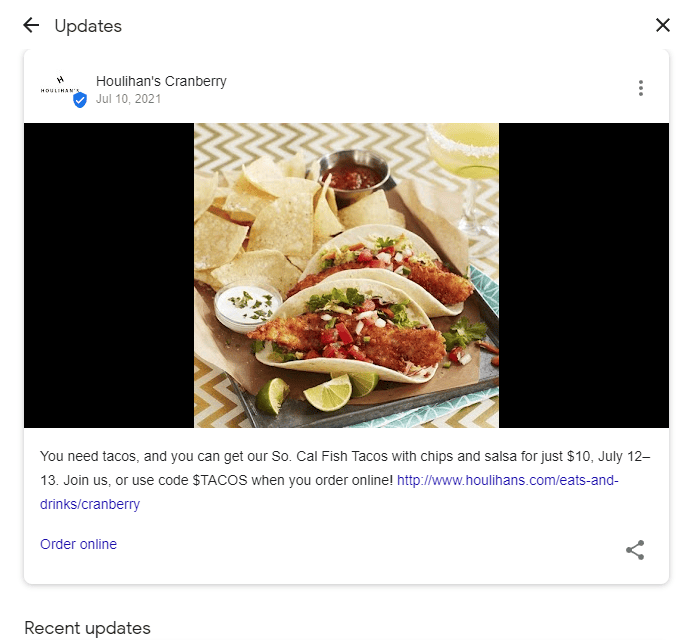 An example of a Google post about an offer on fish tacos