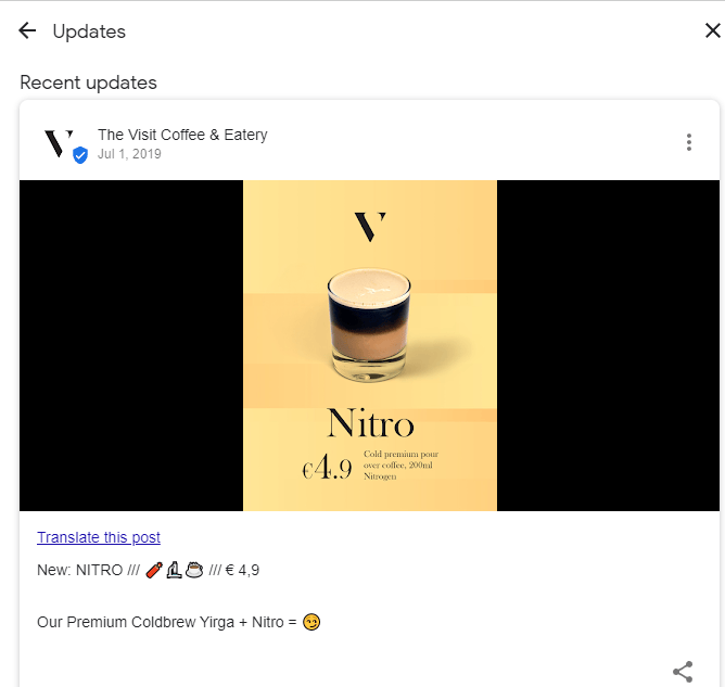 An example of a Google post about a new product (coffee)