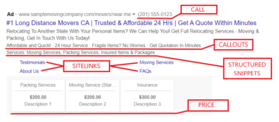 Google Ads for movers with ad extensions