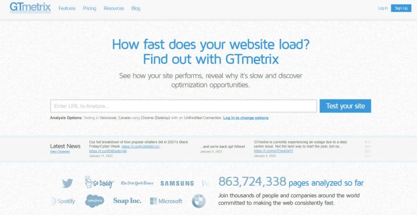 GTMetrix home page