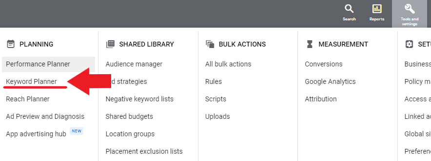 keyword planner located