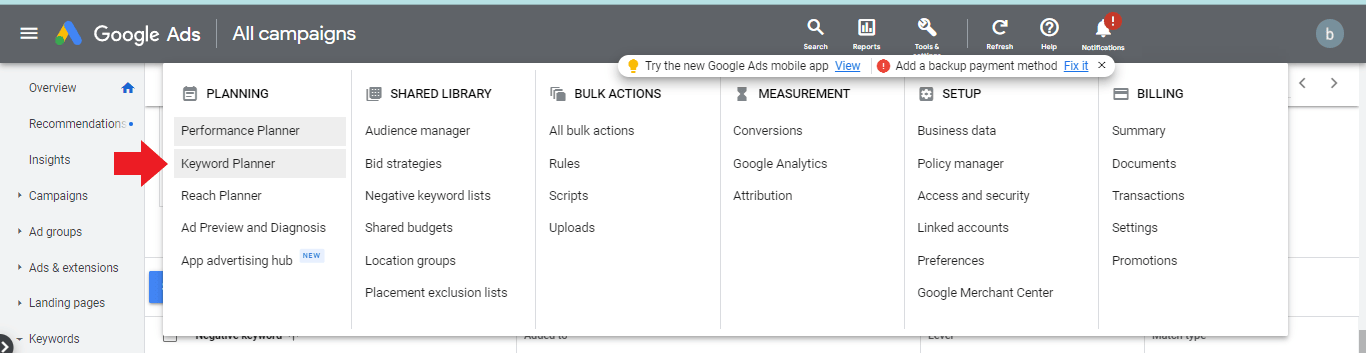 Arrow pointing at Keyword Planner 