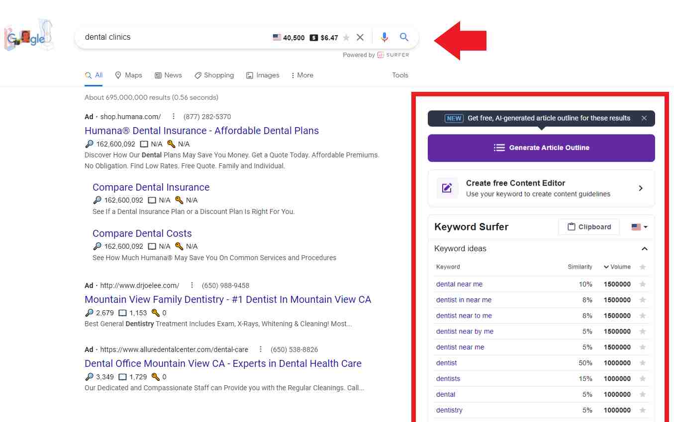 "Dental clinic" keyword results from Keyword Surfer