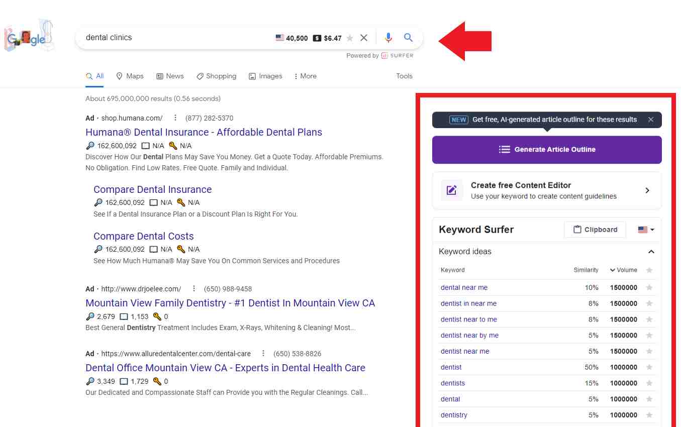 "Dental clinic" keyword results from Keyword Surfer