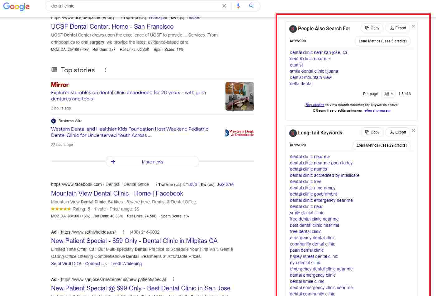 Results oKeyword research for "dental clinic" by Keywords Everywhere browser extension