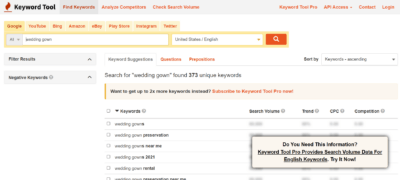 keyword tool io preview for wedding gown keyword