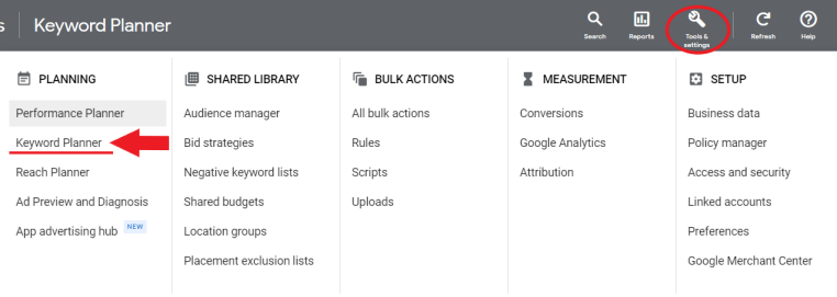 find keyword planner under tools & settings