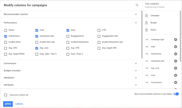 click on metrics you want to add to your columns