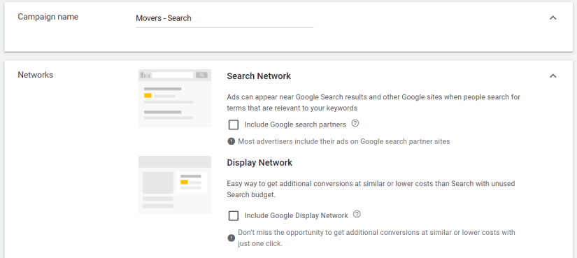 Google Ads name and network settings