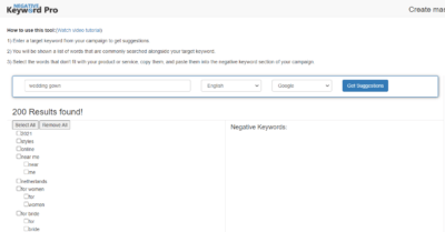 negative keyword pro preview for wedding gown keyword