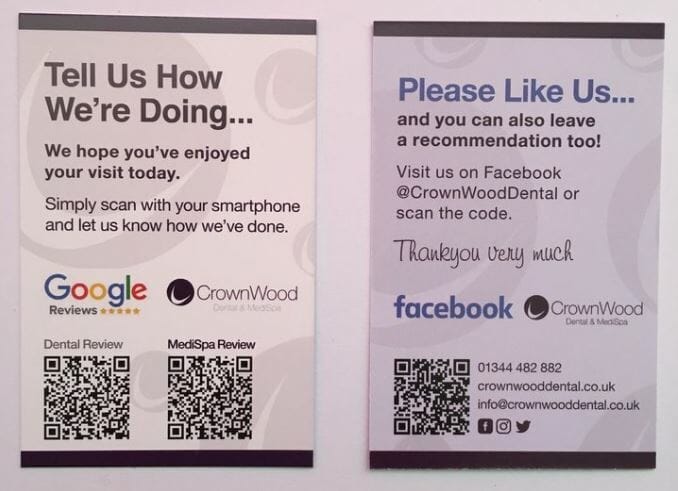 Image of a poster where patients can scan a qr code and leave a review and visit their Facebook page