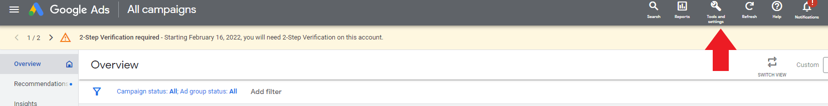 Click "Tools and Settings" icon from Google Ads