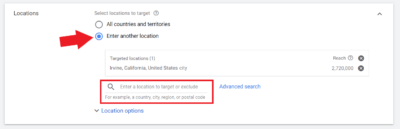 target location Google Ads Irvine