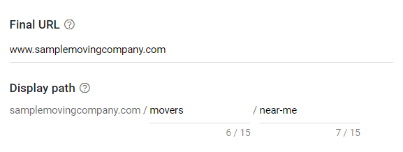 Sample URL and display path for a moving company