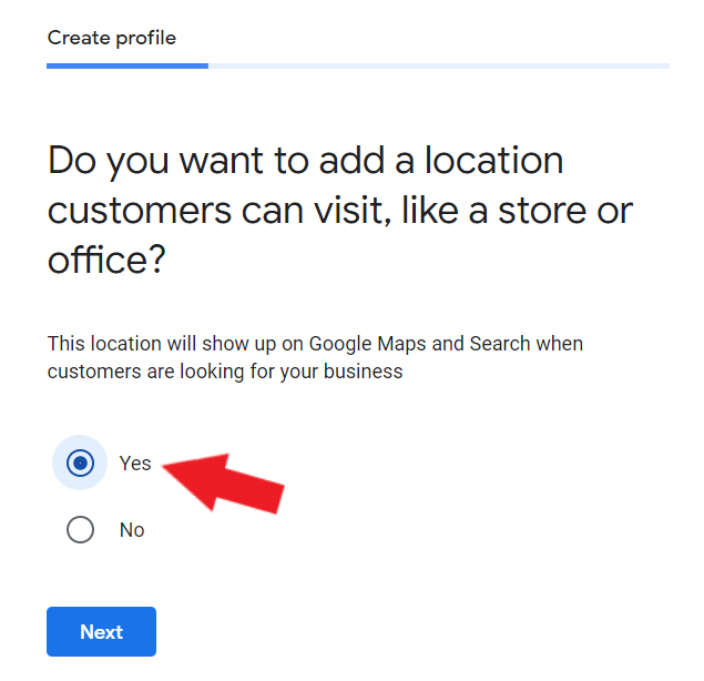 Option to add location for your Google business profile.