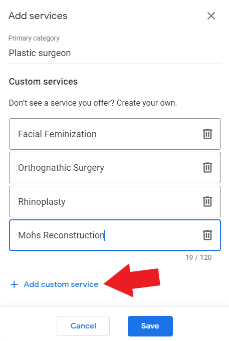 Add services sample GMB plastic surgeons