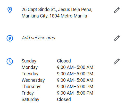 Address, service area, and schedule for Google My Business