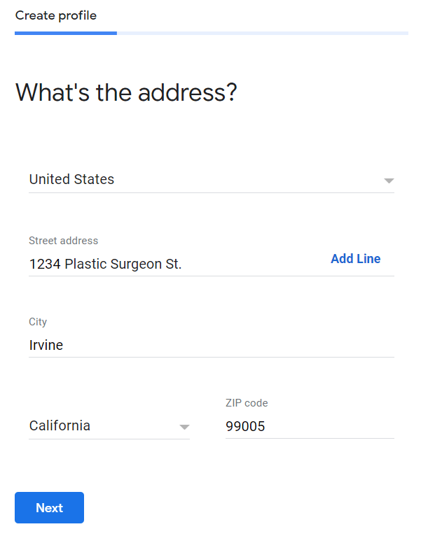 Input your address for business profile creation