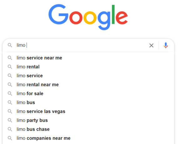 Google autocomplete suggestions for keyword limo