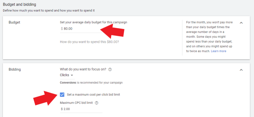 Select a budget and CPC bid for your campaign