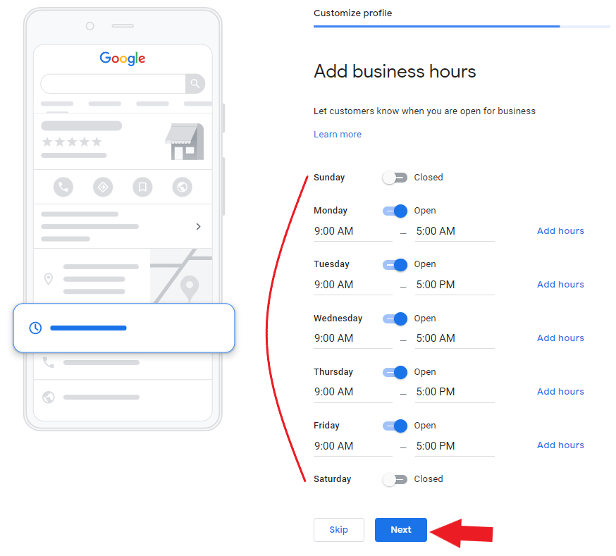 Select business hours for business profile