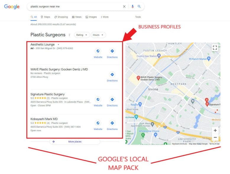 Plastic surgeon business profiles in Google's local map pack